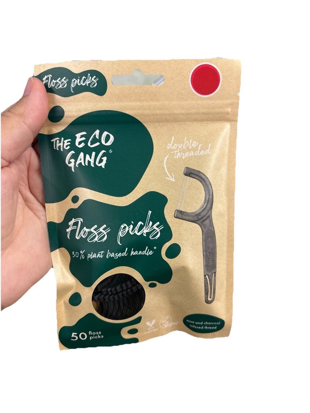 The Eco Gang Floss Picks Mint Charcoal Thread Plant-Based Handle 50 Pack